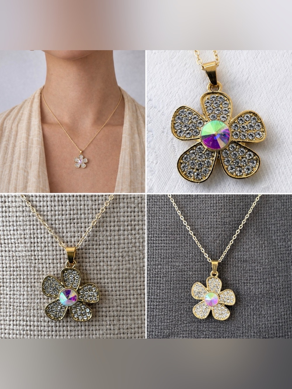 Stainless Steel Rhinestone Flower Charm Golden Chain Statement Necklace 18" NEW